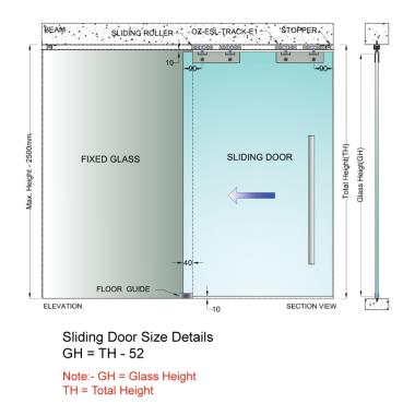 Sliding System Set W|O Track for Single Frameless Door of 150 Kg | Ozone