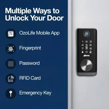 Deadbolt Lock for Wooden & Metal Doors, 4-Way Access, OzoLife App, Fingerprint, Password, RFID Card, 35-55 mm Door Thickness, Free Installation, 2 Years Warranty. | Ozone