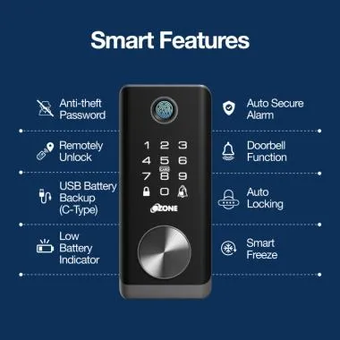 Deadbolt Lock for Wooden & Metal Doors, 4-Way Access, OzoLife App, Fingerprint, Password, RFID Card, 35-55 mm Door Thickness, Free Installation, 2 Years Warranty. | Ozone